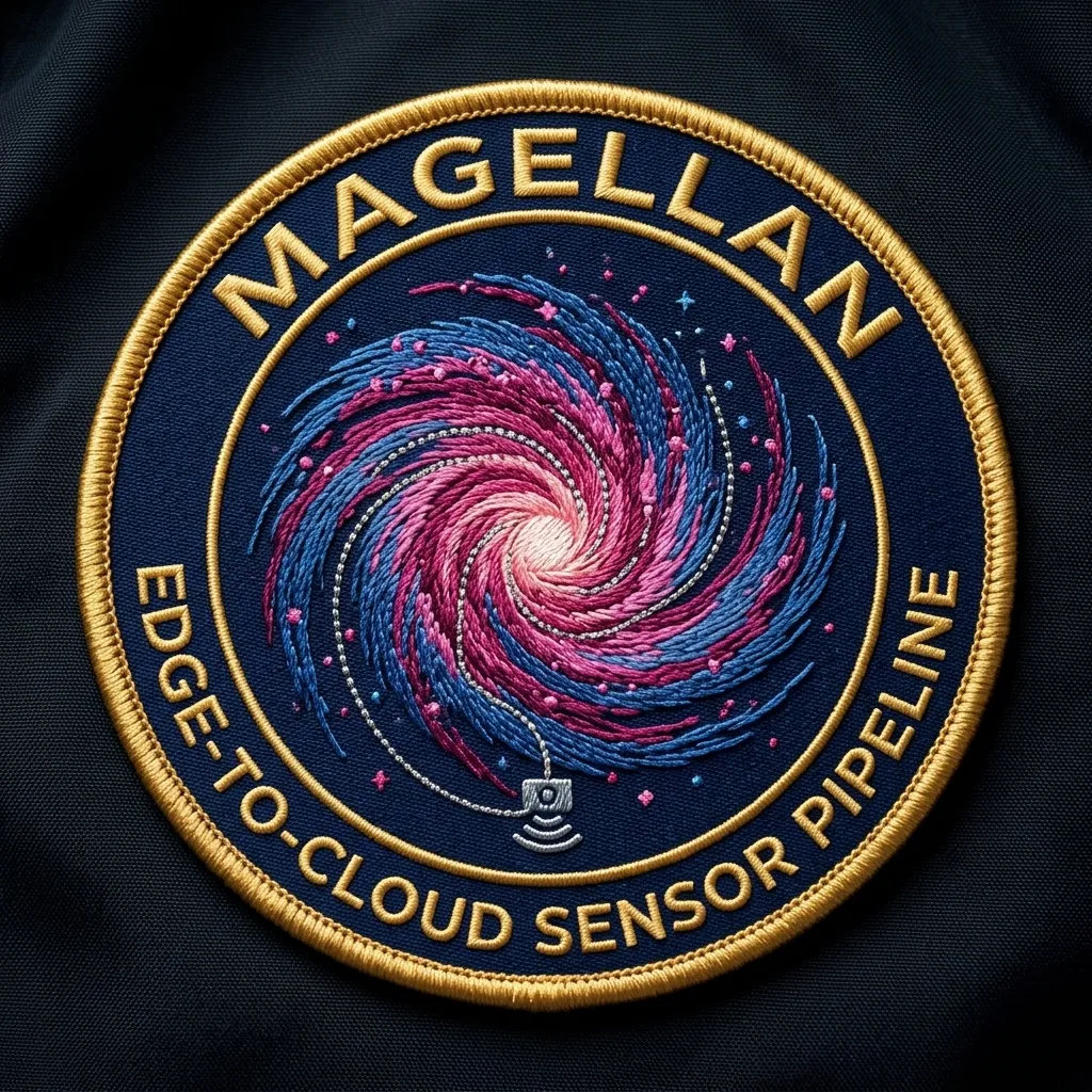 Magellan mission patch: an embroidered spiral galaxy, a sensor at its edge, ringed by “Edge-to-cloud sensor pipeline”